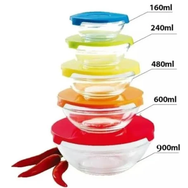 jogo 5 tigelas casambiente de vidro tampa plástica colorida