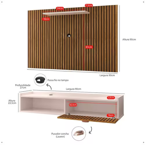 kit sala estar completa rack suspenso home classic painel star tv 32 polegadas off white/ripado lojas rpm off white