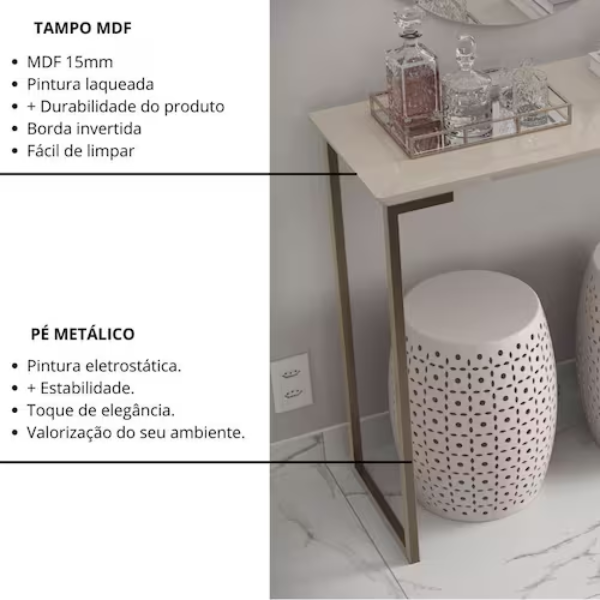 buffet aparador mesa industrial p/ sala off white / dourado ambiente elegante