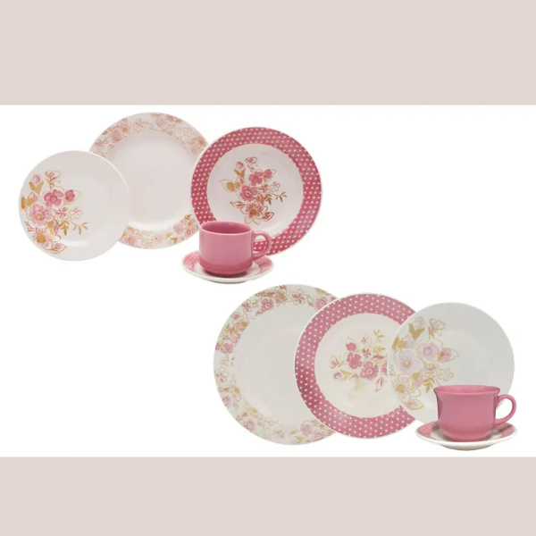 aparelho de jantar chá 30 peças biona cerâmica redondo rosa donna ae30 5160