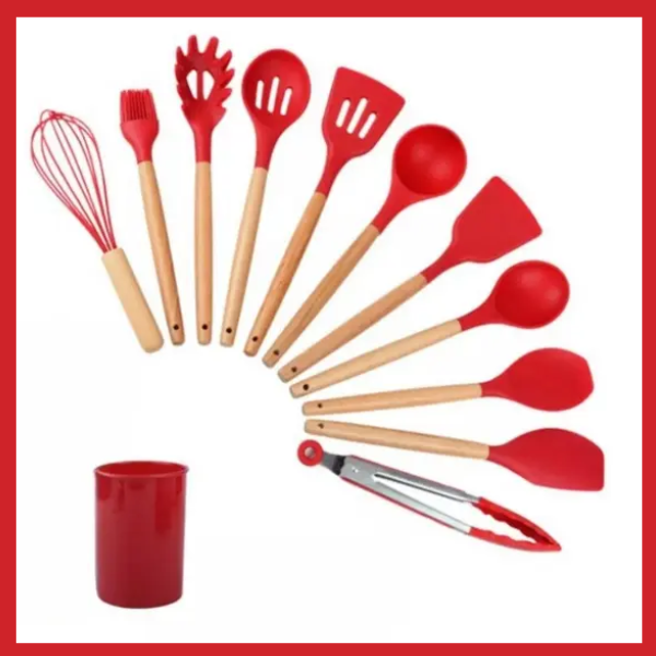 jogo kit com 12 peças utensílios de cozinha colheres espatulas pegador silicone copo suporte prime